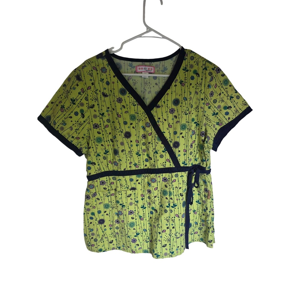 Koi Kathy Peterson Womens XL Scrub Top Lime Green Floral Butterfly Wrap Navy